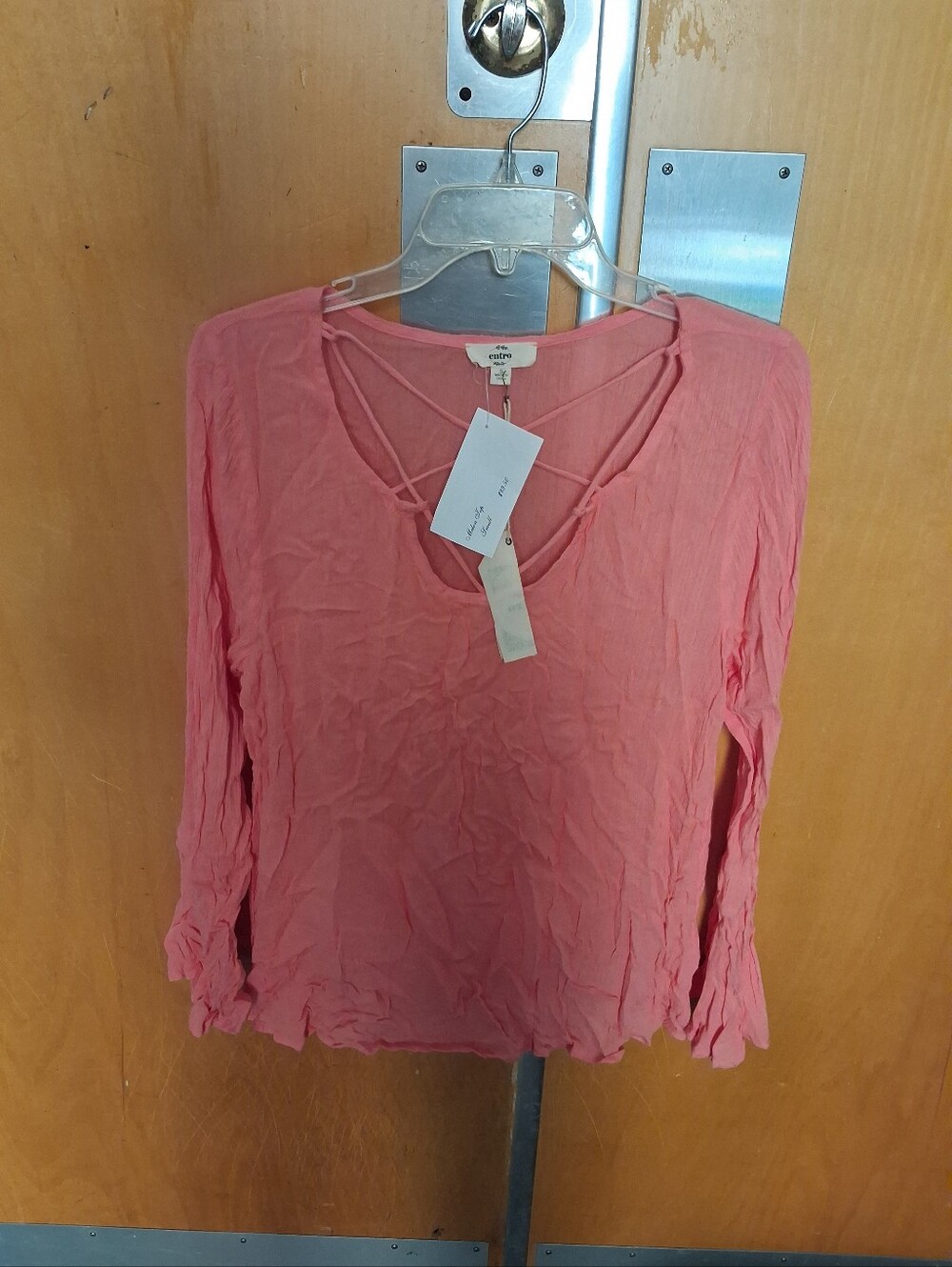 Entro Melon Crinkle Long-Sleeve V-Neck Top with Crisscross Detail Ruffled Cuffs